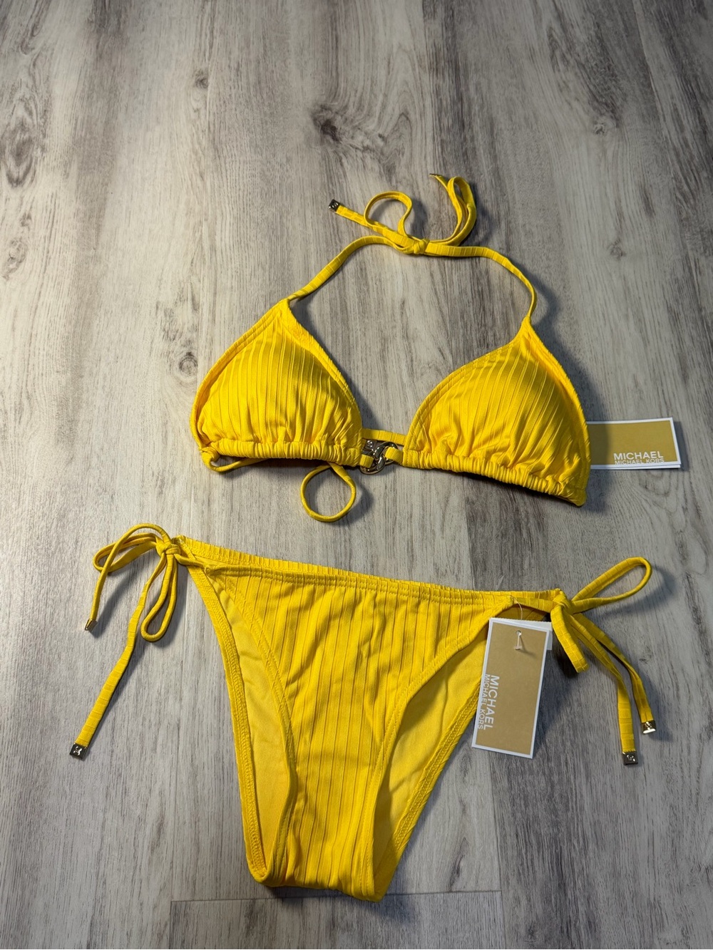 Michael Kors Bright Yellow Ribbed Tie-Side Bikini